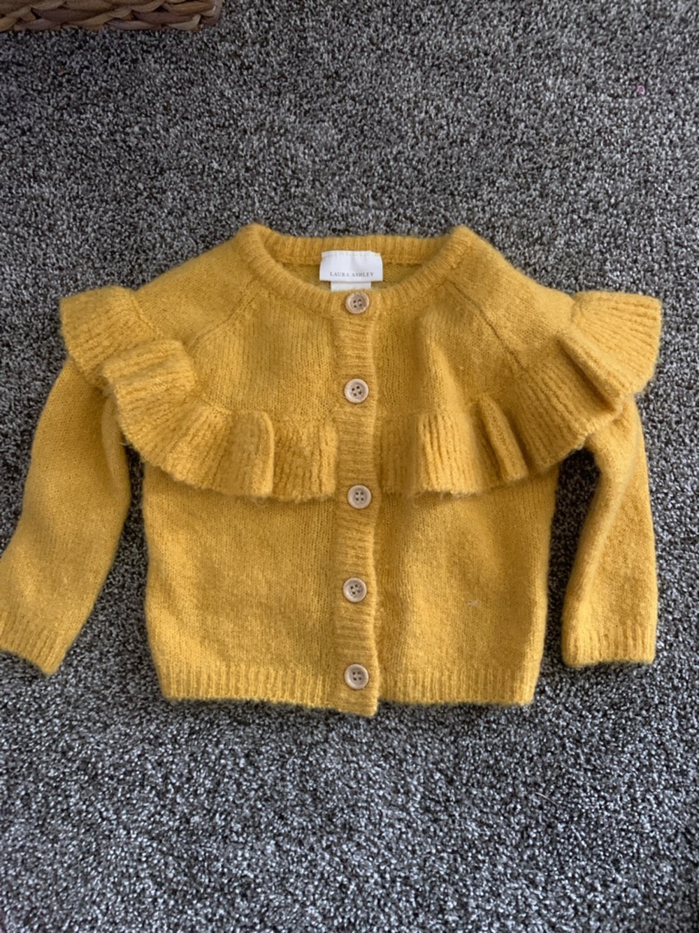 Laura Ashley Mustard Ruffle-Front Knit Cardigan